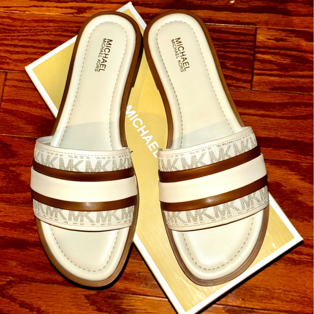 NIB 🔥 Michael Kors CASSANDRA STRIPE Logo Sandal 7.5 🔥 - Picture 2 of 11